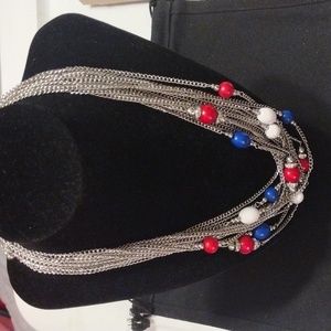 Vintage Chico's Long Seven Strand Silver Tone w/ Red, White & Blue Bead Necklace